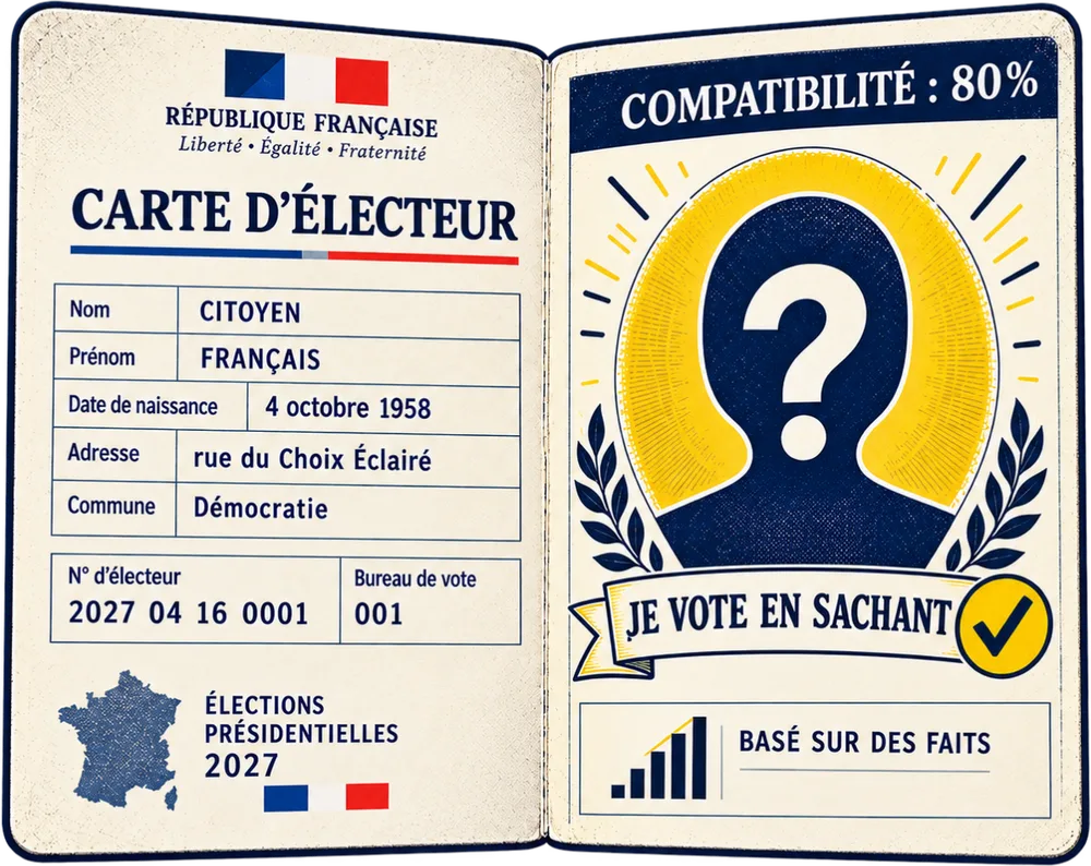 Ta carte d’électeur Ça vote ? : ta compatibilité avec les candidats et la mention « Je vote en sachant ».
